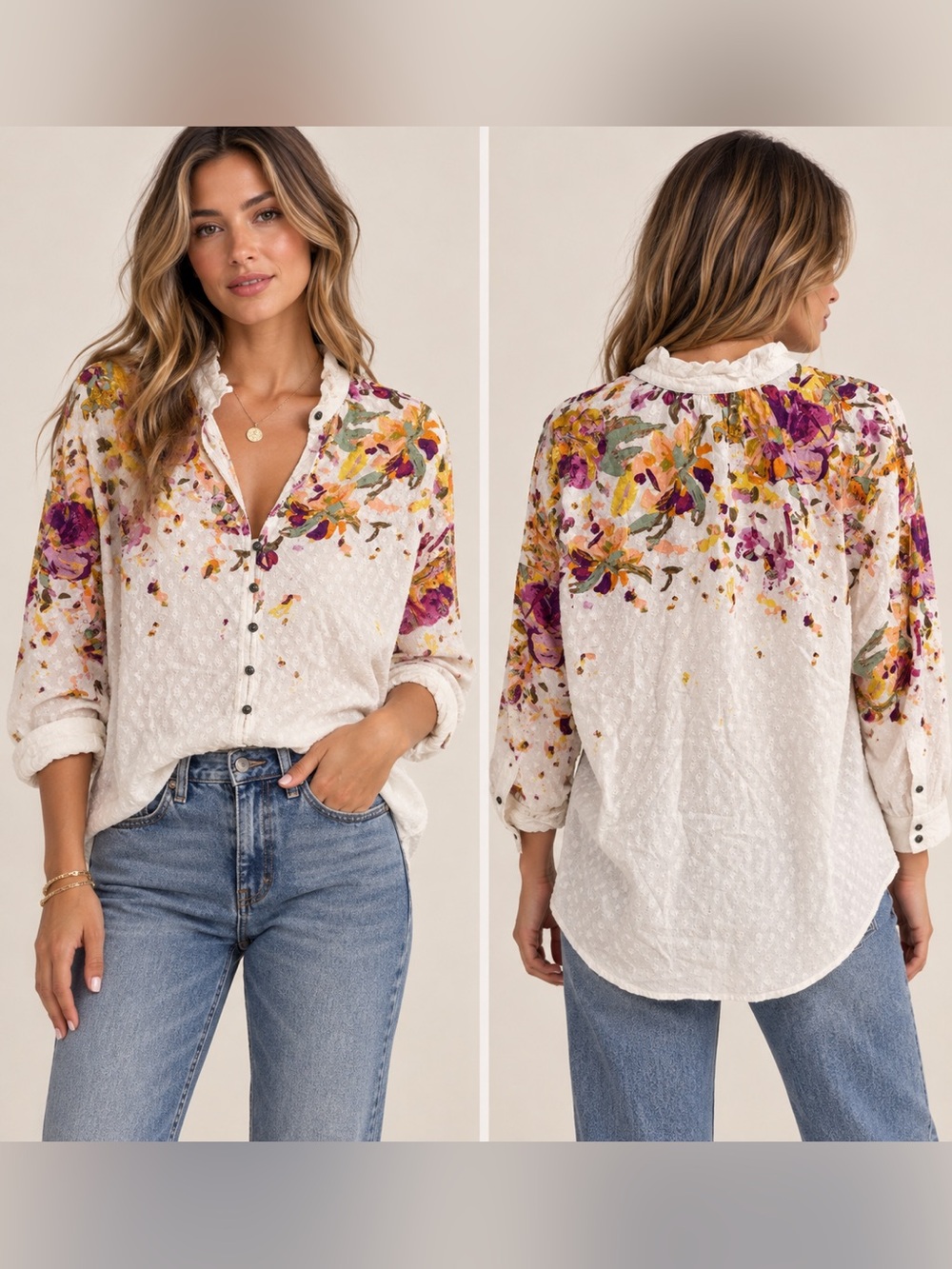 Pilcro Women’s Floral Swiss Dot Button Down Blouse Size S